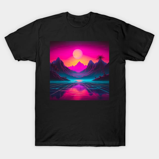 Vaporwave Retrowave Synthwave Vintage Sunset Palm Trees Ocean Mountains T-Shirt by bullquacky